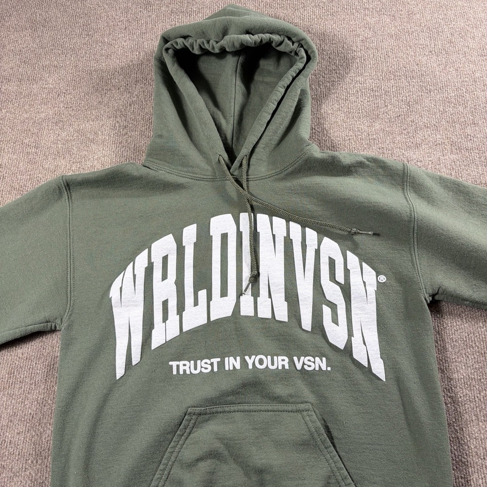 WRLDINVSN Hoodie Small Olive Green Trust In Your VSN Pullover Streetwear Cotton